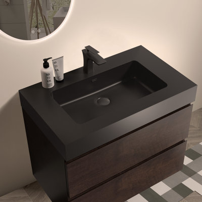 Meuble-lavabo mural 30 po en noyer avec lavabo, grand meuble-lavabo flottant mural pour salle de bain
