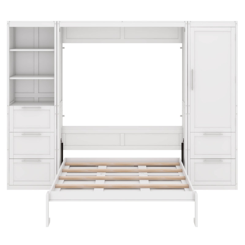 Grand lit escamotable avec tiroirs et tablettes, Blanc