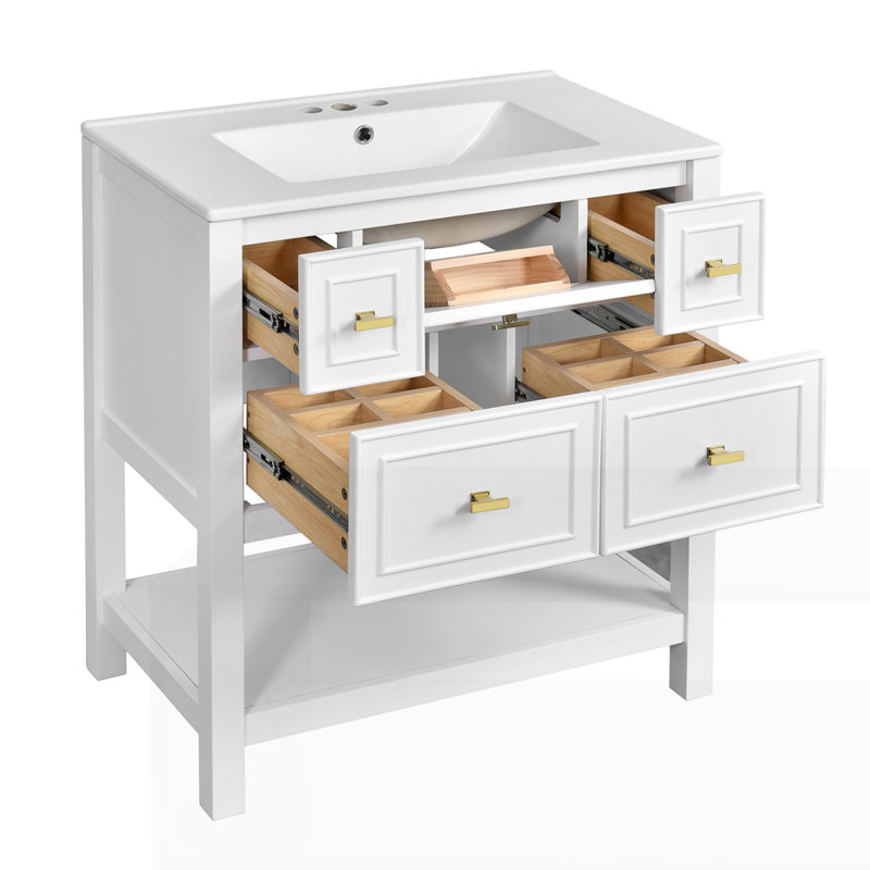 Ensemble de meuble-lavabo simple autoportant avec 5 tiroirs, Blanc