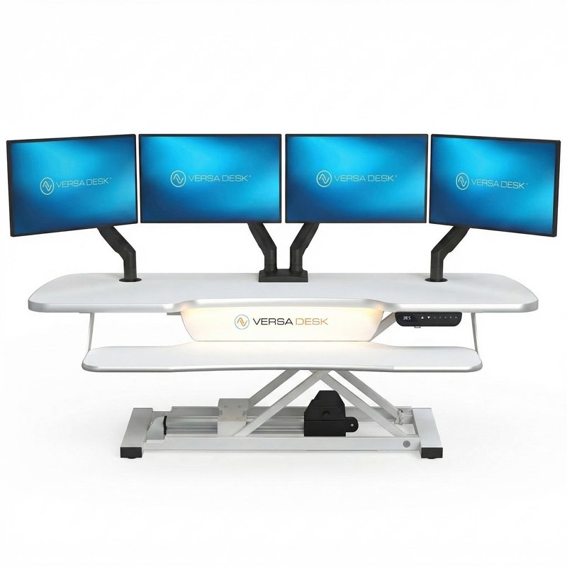 Convertisseur de bureau électrique debout de 48 po VersaDesk PowerPro Elite avec bouton-poussoir réglable en hauteur et port de charge USB, blanc