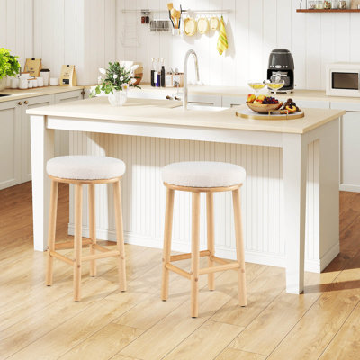 27" Bar Stools Set of 2 Upholstered Barstools with Boucle Fabric Seats Footrests