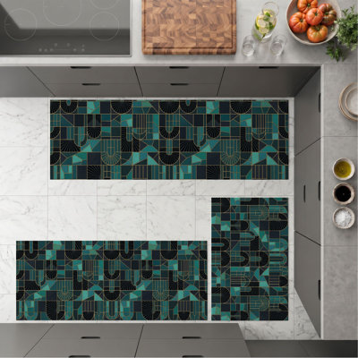 Geometric Teal Non-Slip Washable Kitchen Mats