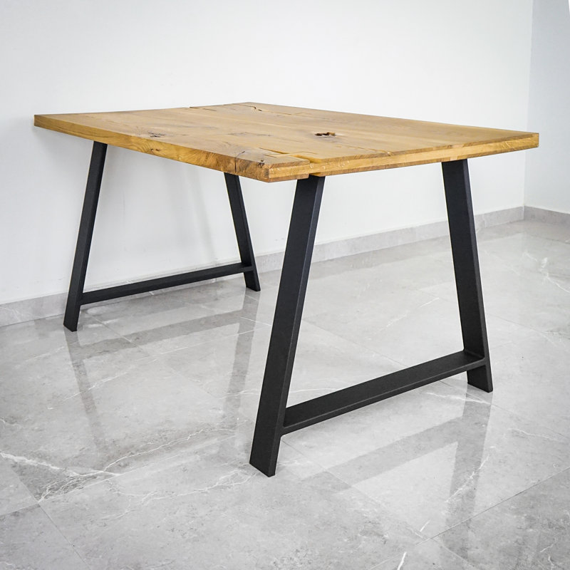 Berrycone Oak Unfinished Solid Wood Top Metal Base Dining Table,  90cm W x 200cm L, Oak Wood