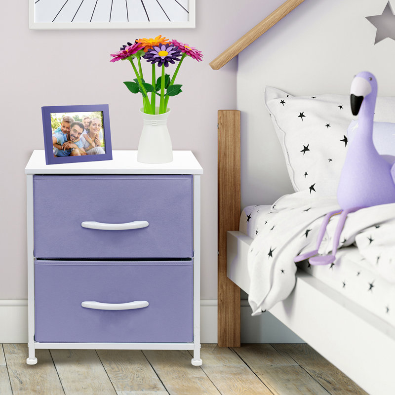 Purple and White Fabric 2-Drawer Nightstand with Steel Frame