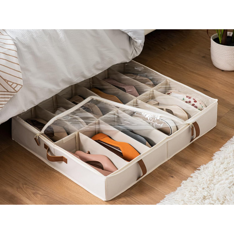 Under Bed Shoe Storage Organizer, Underbed Shoes Container With Adjustable Dividers, Shoe Storage Basket With Cover, 2-Pack, Space-Saving Shoe Box Fits Up To 24 Pairs