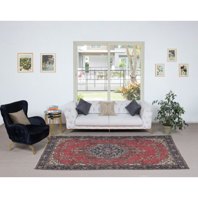 Tapis unique en forme de médaillon turc fait à la main en rouge, beige et bleu foncé
