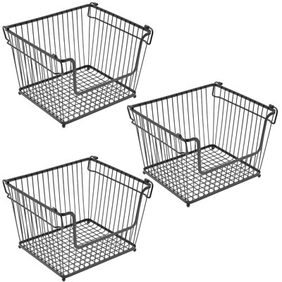Panier de rangement en métal empilable avec poignées avec rangement ouvert à l'avant pour armoires de cuisine, garde-manger, placards, chambres à coucher, grandes salles de bain, lot de 3 MTL-BSKT3