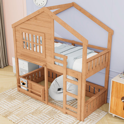 Bunk Bed with Bookshelf and Safety Fencing
