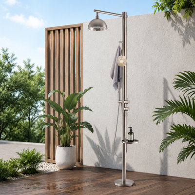 2-Function Outdoor Shower 304 Stainless Steel With Shelf & Hook Rain Shower Head & 3-Mode Handheld Spray Floor Mounted Garden Shower For Camping, Pool, Beach, Backyard