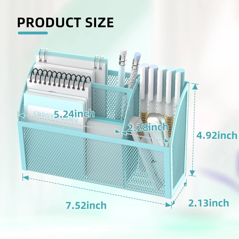 Boîte de rangement magnétique à 3 grilles avec porte-stylo, panier d'organisation magnétique en métal, Bleu