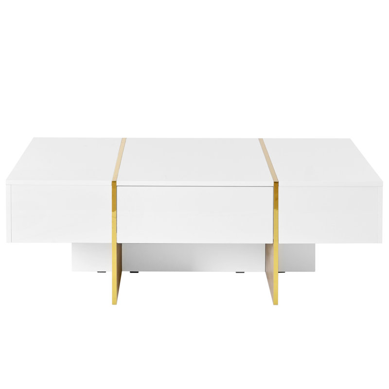 Table basse de salon 47,2 po x 31,4 po avec placage ultrabrillant, 2 tiroirs, pieds dorés, table moderne blanche, 47,2 po 31,4 po, brillant, pieds en grain de bois