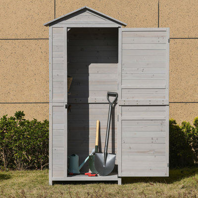 36" X 25" X 79" Wooden Storage Shed Cabinet, Outdoor Tool Shed Organizer With 4-Tier, 3 Shelves With Handle Tin Roof Magnetic Latch Foot Pad, Light Grey