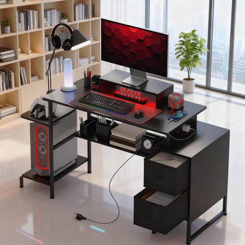 Gaming Desk With Storage, Computer Table With Power Outlets And Led Lights,For Home And Office