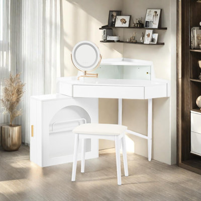 Bureau de coiffeuse de coin avec lumières DEL, miroir pliable et tabouret, idéal pour les petits espaces