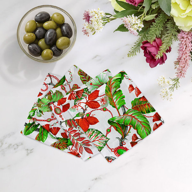 Plumeria Natural Hemstitch Cocktail 6" Linen/Cotton Napkin, Red