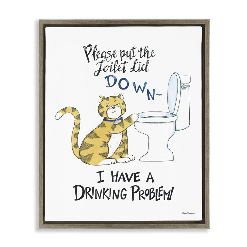 "Drôle de chat et de toilette" par Deb Strain, H 31 po x l 25 po, Cadre flottant orme Montalcino