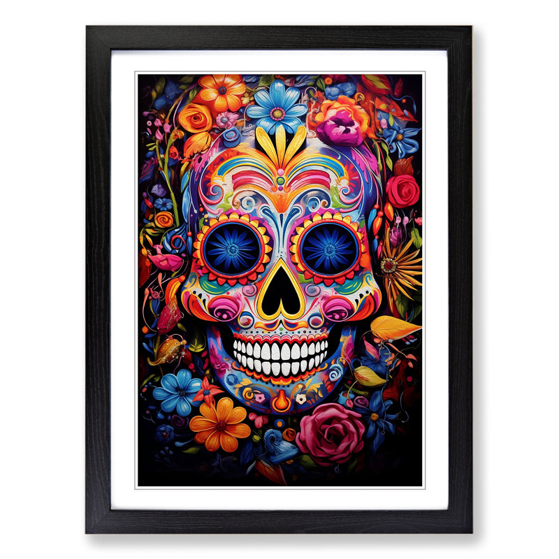 Sugar Skull Expressionism - Single Picture Frame Print on Wood, Black, 64cm H x 46cm W x 2cm D