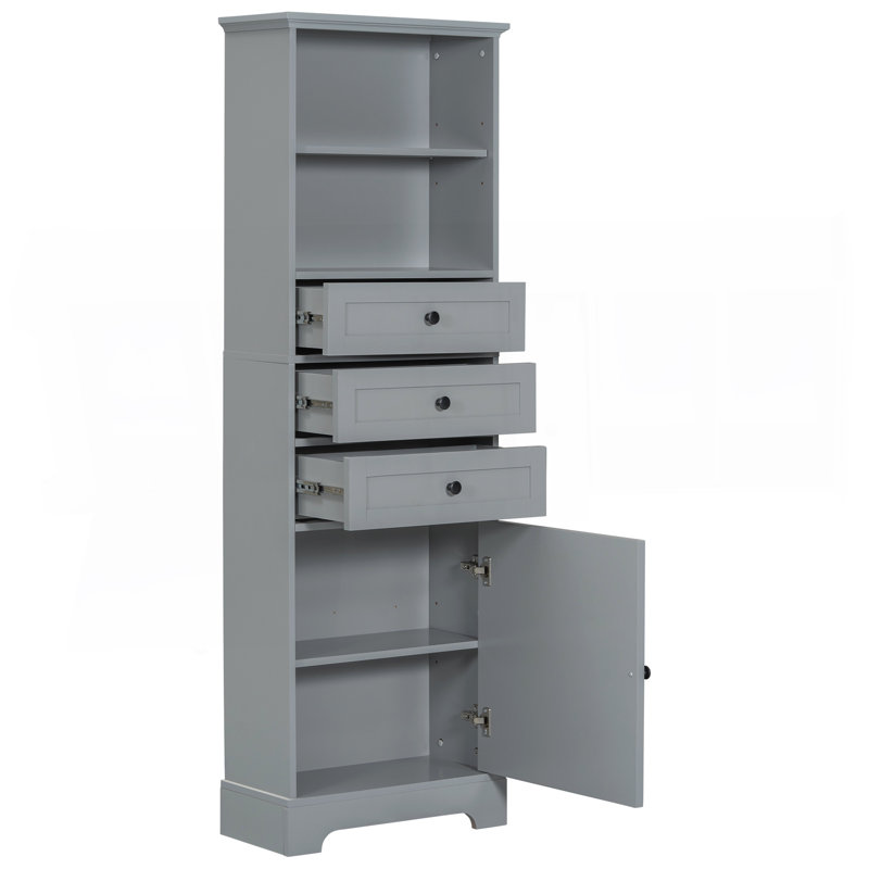 Gray Tall Storage Cabinet With 3 Drawers And Adjustable Shelves For Bathroom, Study, Office And Interior, MDF Board With Painted Finish