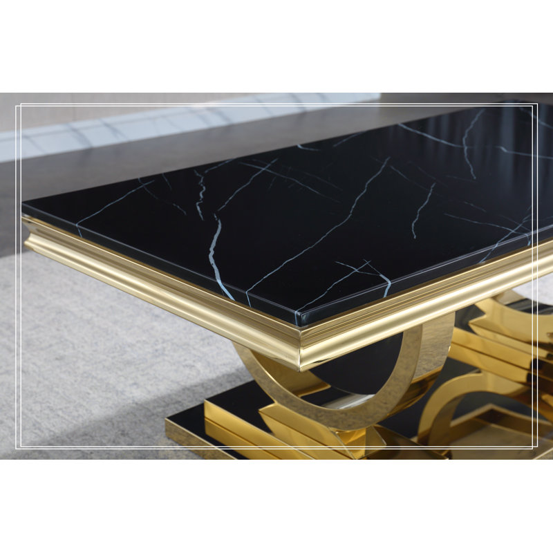 Modern Rectangular Black Marble Coffee Table with Gold Stainless Steel Base