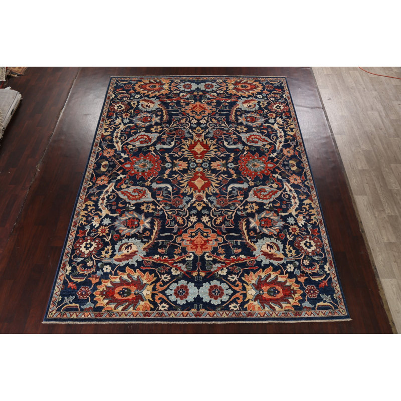 Tapis bleu marine en laine noué à la main de conception unique 9 pi 0 po x 12 pi 2 po