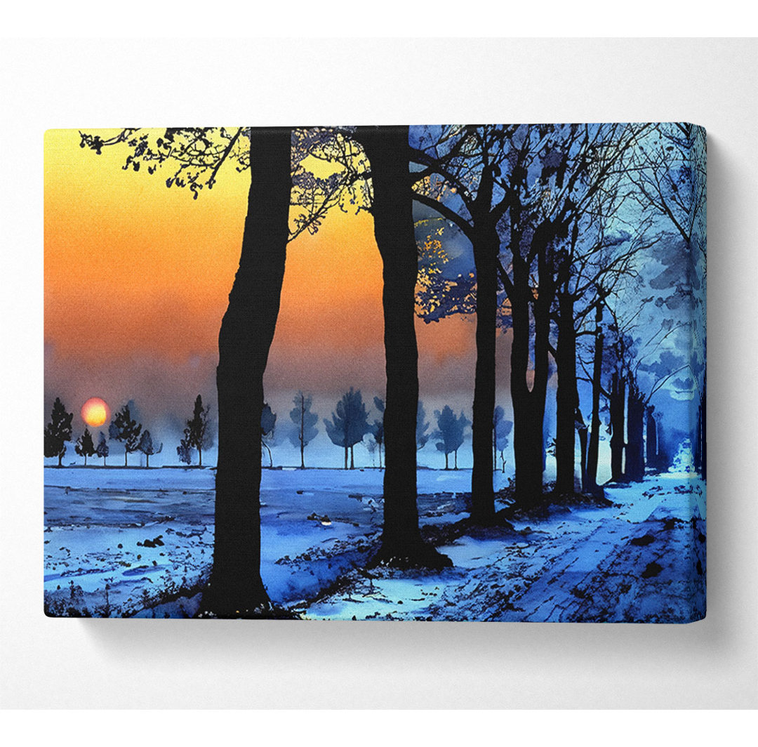 Winterlandschaft mit orangefarbenem Himmel - Kunstdrucke auf Leinwand