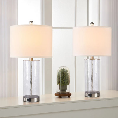 Table Lamps Set of 2, 23.25 in Nickel Glass and Metal with USB-C Port and Linen Shade