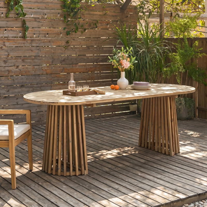 Caelis Modern Coastal Acacia Wood Outdoor Dining Table with 83" Oval Racetrack Top and Dual Slatted Pedestal Bases