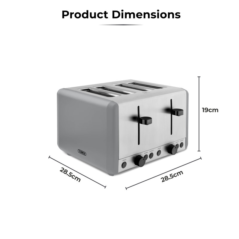 Tower Sera 4 Slice Toaster with 6 Browning and Defrost/Reheat/Cancel Functions, 1800W, Grey