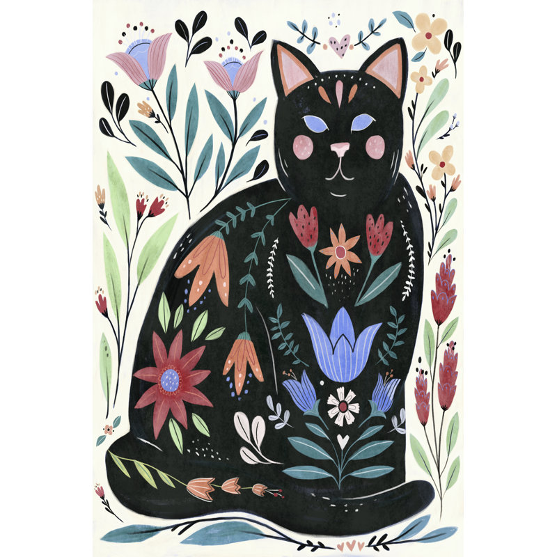 Folksy Feline II by Annie Warren - Painting, 30cm H x 20cm W, Black Floater Framed