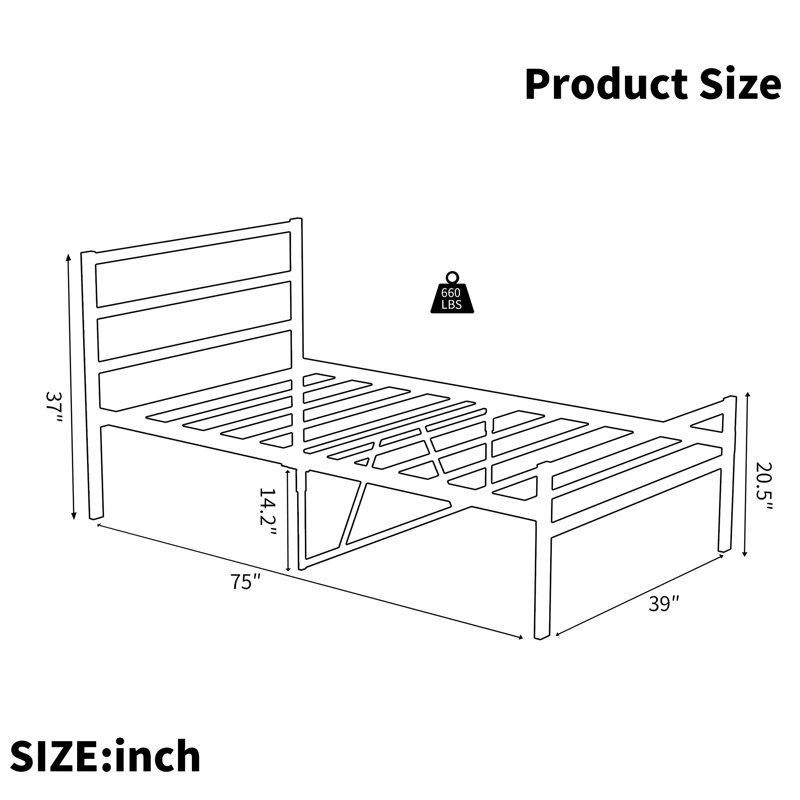 Structure de lit simple avec plateforme et tête de lit en métal - Solide, sans sommier, calme et tranquille, attaché à un lit de nuit (simple), silencieux
