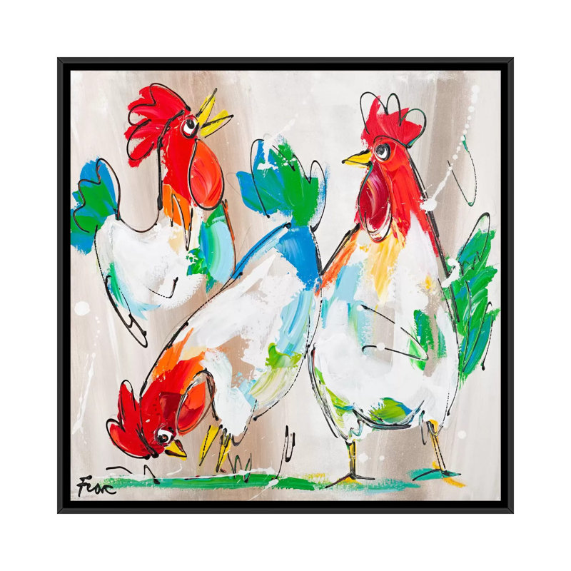 « coqs parle » par art fiore, impression sur toile tendue, H 26 po x l 26 po x P 1,5 po, Toile avec cadre noir, Pas de tapis