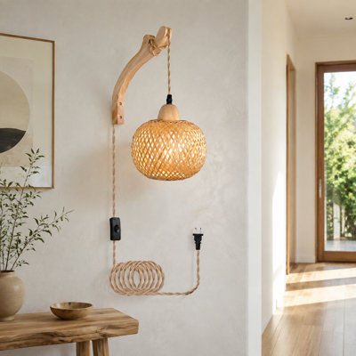 Handwoven Bamboo and Rattan Plug-In Wall Lantern, Rustic Farmhouse Boho Wicker Sconce with Cord for Living Room and Bedroom