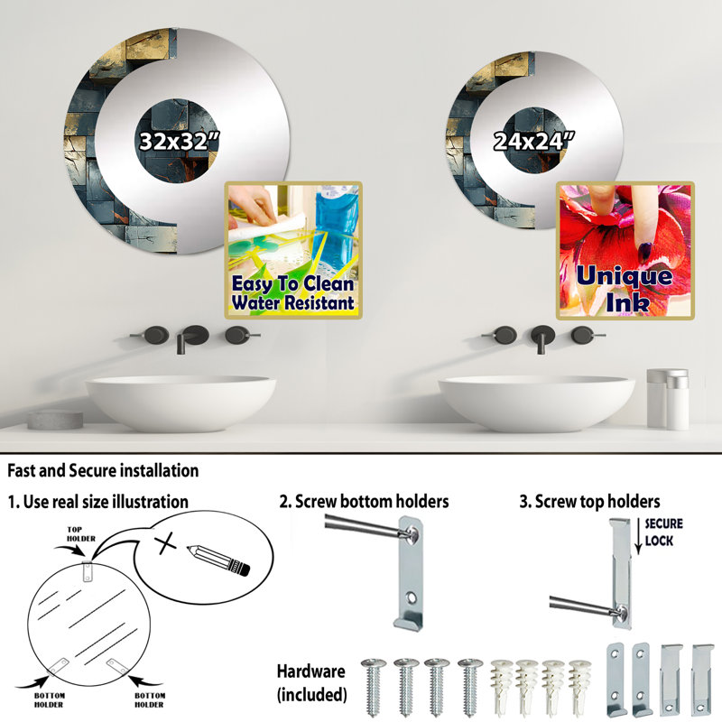 Illusion de mur industriel en béton - Miroir mural demi-cercle, 23,6 po x 23,6 po