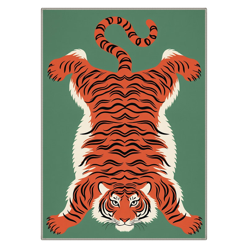 Tapis vert / orange lavable à la machine avec envers antidérapant Kai Emerald Jungle Tiger, Rectangulaire 8 pi x 10 pi