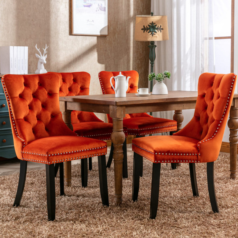 Allena Tufted Chairs Upholstered Chairs with Solid Wood Frame Nailhead Back and Ring Pull Trim , Velvet Orange, Black, 2