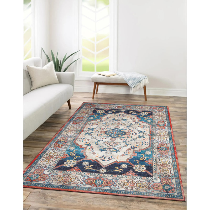 Lyanne Washable Non-Slip Medallion Ivory/Navy Area Rug, Rectangle 6'7" x 9'