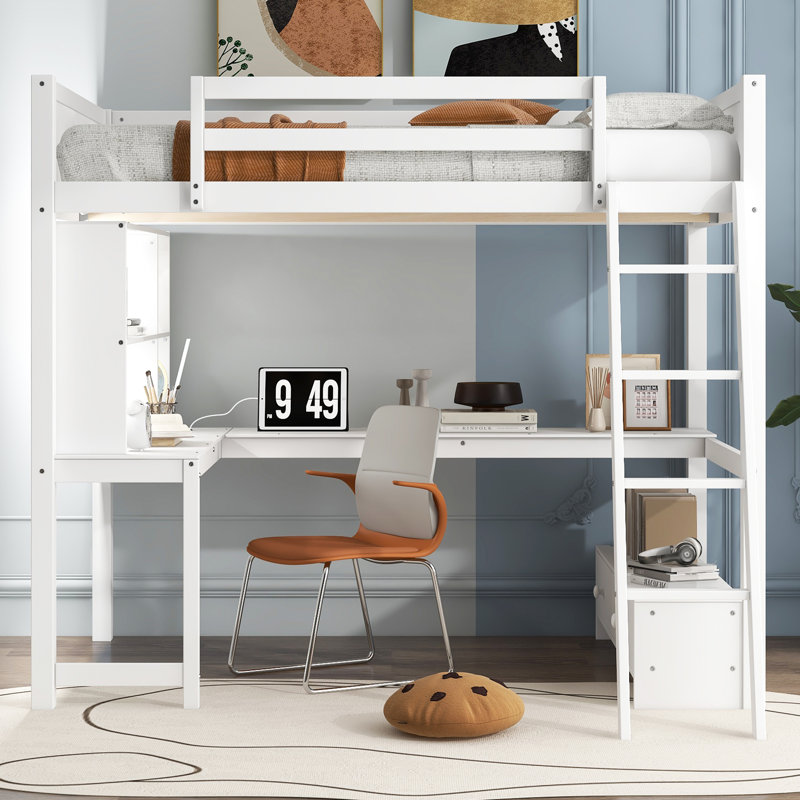  Lit mezzanine double avec bureau en L, station de charge USB et banc de rangement avec compartiments latéraux, blanc, Blanc