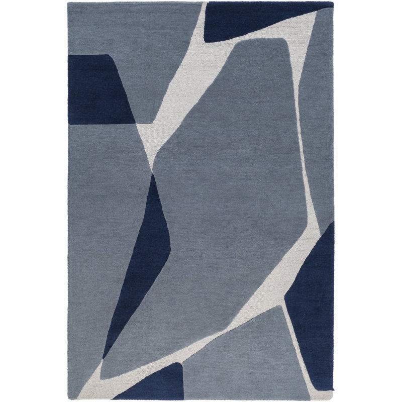 Tapis bleu clair / bleu marine / ardoise en laine touffeté à la main Abstract, Rectangle 6 pi x 9 pi