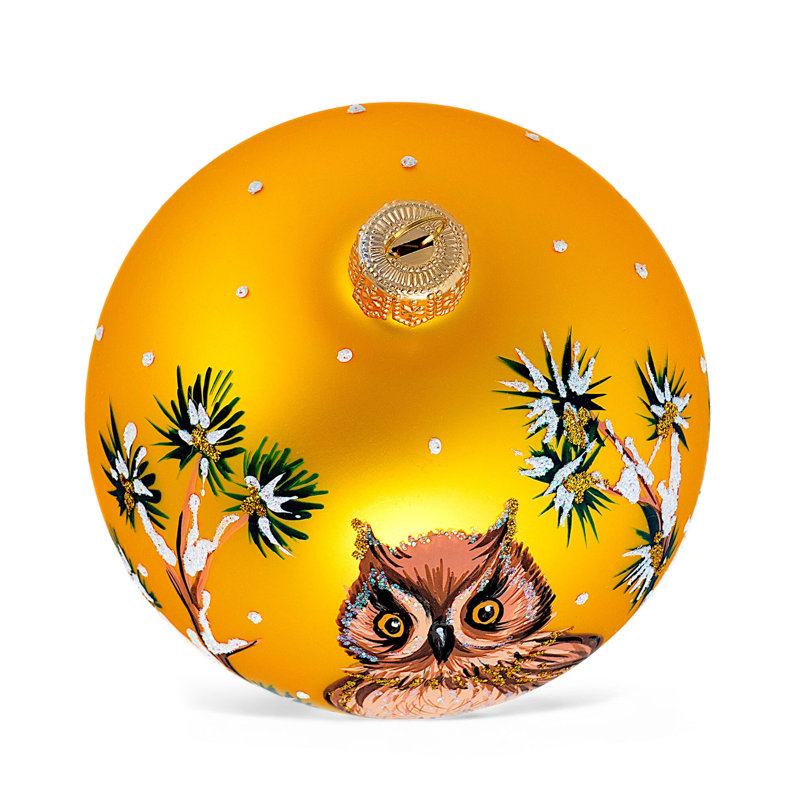 Ornement de collection peint à la main - Birdie 3,9 po, Jaune / blanc / orange / crème / beige / hibou br