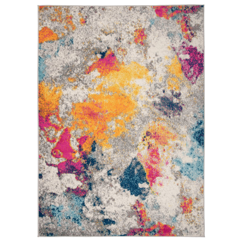 Tapis abstrait ivoire / gris / bleu Noires, Rectangle de 10 pi x 14 pi
