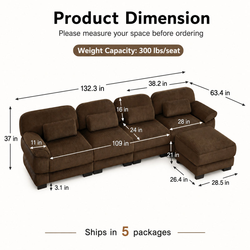Canapé modulaire surdimensionné en L avec repose-pieds Burwell Cloud Couch, Brun