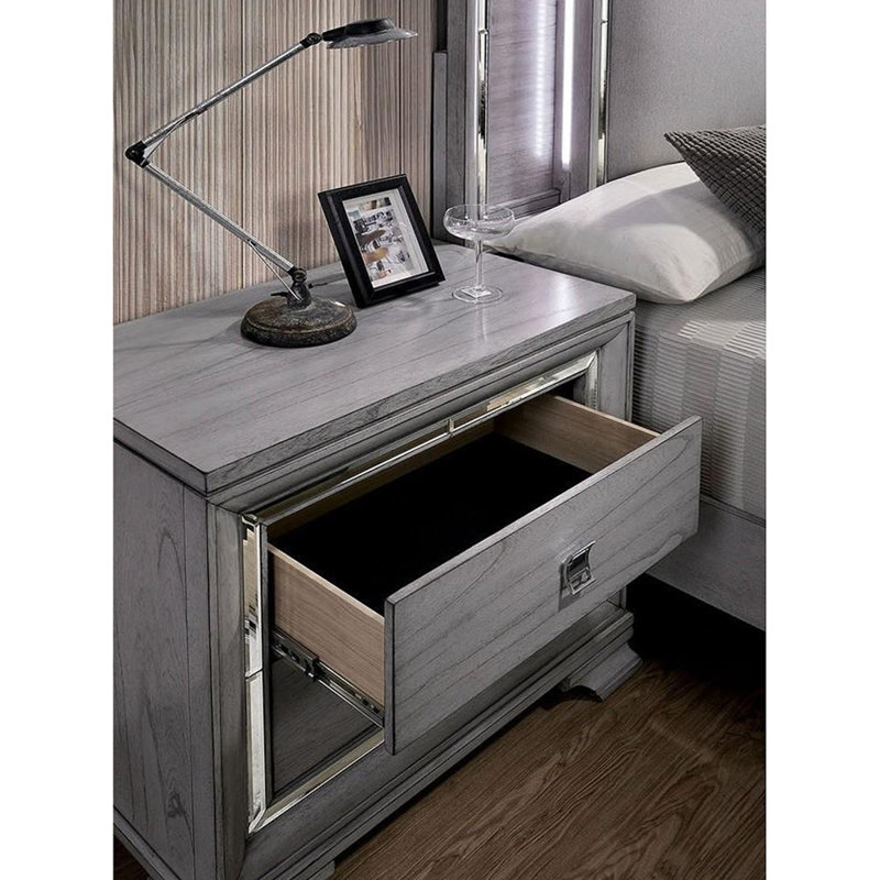 Table de chevet gris clair avec bordure miroir et 2 tiroirs