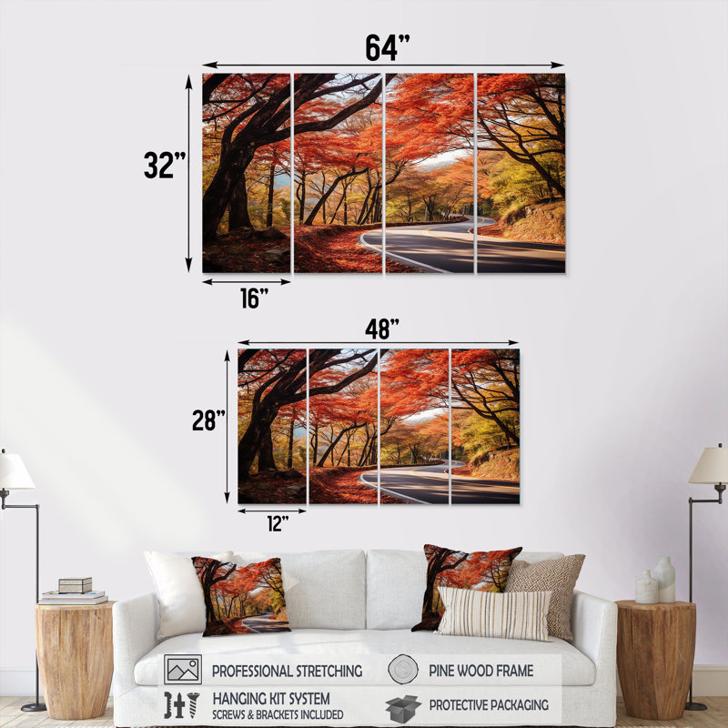 «Crimson Autumn Pathway Road II», ensemble d'art mural 4 pièces route, H 28 po x l 48 po