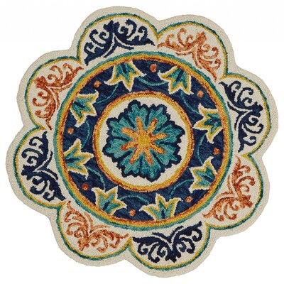 Chickamauga Geometric Hand Tufted Round 4' Wool Area Rug in Ivory/Blue/Orange -  Alcott HillÂ®, 914B54A2CE54493492559E0C4DD4DB3D