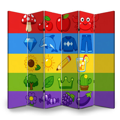 6 Panels Folding Screen Room Divider for Classroom Royal Colorful Rainbow Playful Icons Fruits Animals Objects Canvas Screen Room Separator Freestanding Protective Wall Divider Privacy Partition