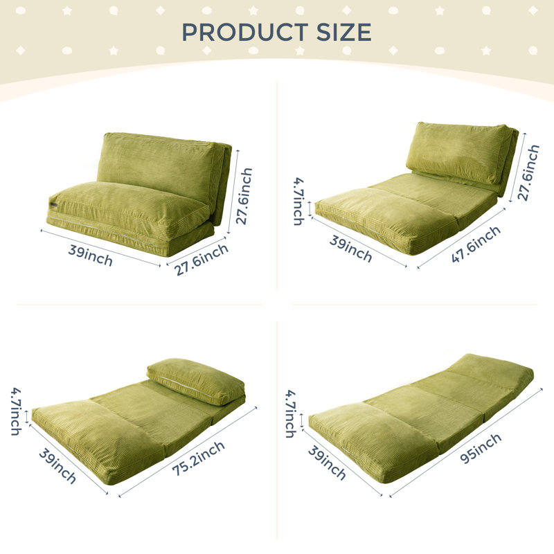 Canapé-lit Holly-Madison, Velours côtelé vert, H 4,7 po x l 39 po x P 95 po