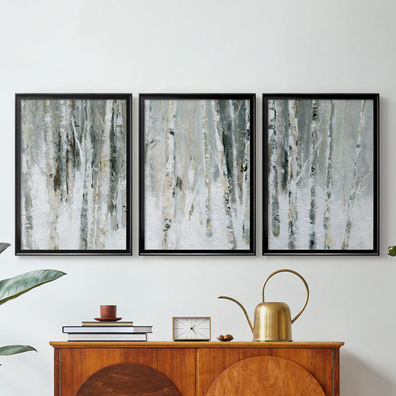 Snowy Birch I - Toile tendue avec châssis sur mesure - 3 pièces, Noir, H 21 po x l 30 po