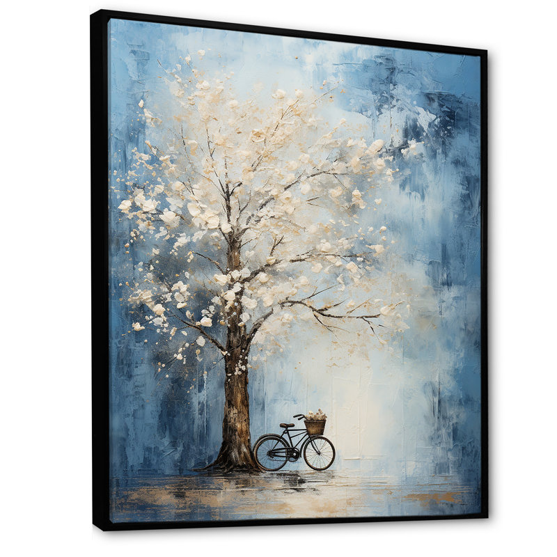 Indigo Intrigue arbre blanc sur toile, Cadre flottant noir, H 32 po x l 16 po x P 1 po