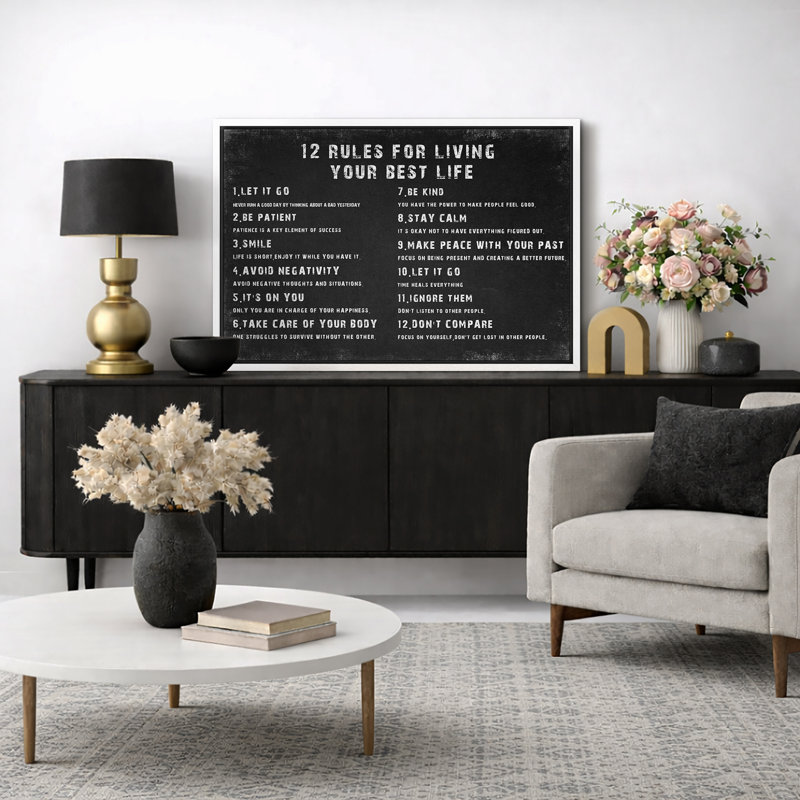 «12 Rules For Living Your Best Life», art mural inspirant, art mural, art mural, Cadre flottant blanc, H 24 po x l 36 po 