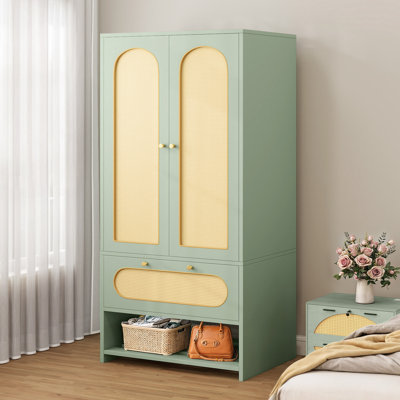 Wardrobe Closet, Open Armoire Wardrobe Closet With Hanging Rod, Mid-Century Freestanding Wardrobe Cabinet With 2 Drawers, 2 Doors And Top Shelf, 27.6"W X 18"D X 69"H, White